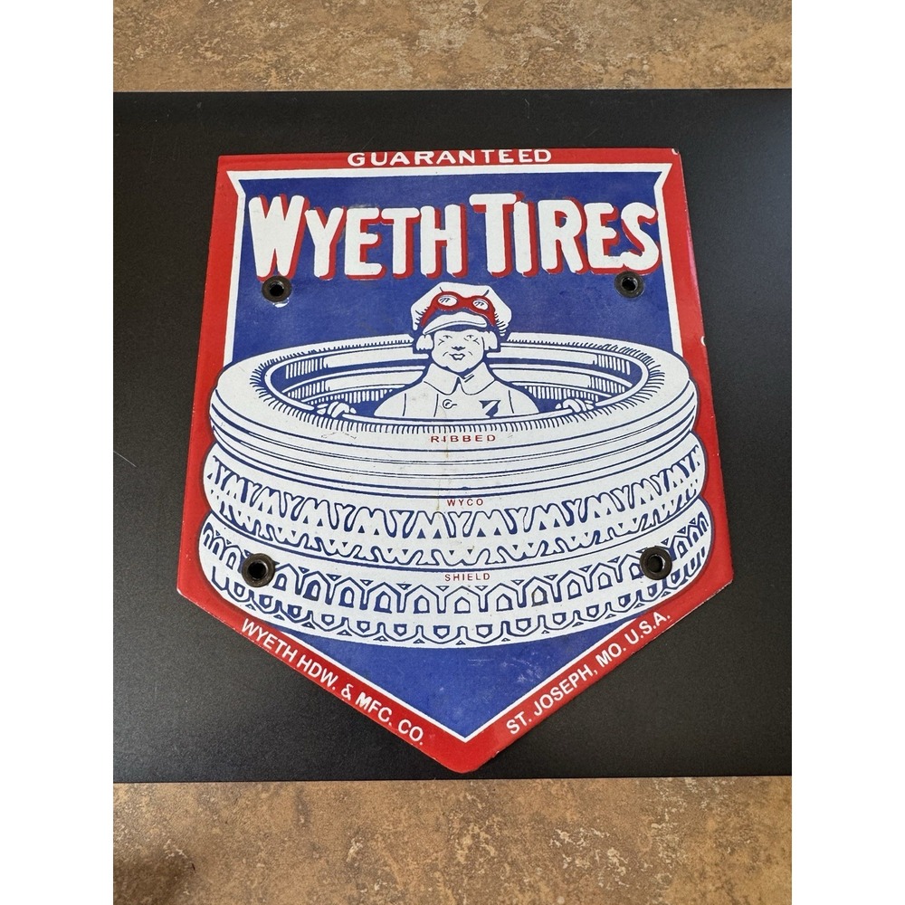 Vintage Enamel Sign WYETH TIRES 8" X 6.5"porcelain